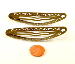 Hair Barrette Snap Clip Pair Decorative Distressed Brass Tone Metal Barrette 1″