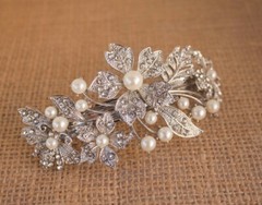 Silver tone with clear rhinestone pearl crystal hair barrettes metal hair clip 0