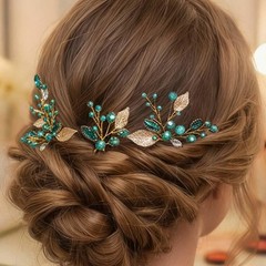 3 PCS Green Rhinestone Bride Wedding Hair Pins Gold Bridal Crystal Accessory