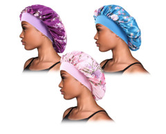 3PK Satin Bonnet Silk Night Sleep Cap Hair Head Covers, Wide Elastic Band Colors