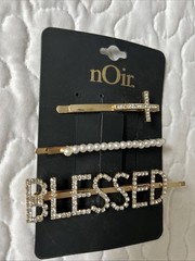 nOir Gold-Tone Hair Pin Barretts Rhinestones & Pearls Cross ‘BLESSED’ NWT