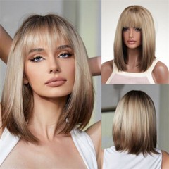 Straight Hair Female Gradient Golden Wig Medium Long Hair Clavicle Hair