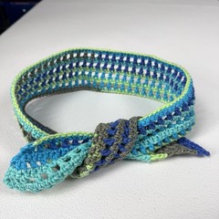Ocean Blue Stripe Tie Headband 37”x3” Mesh Crochet 100% Cotton Handmade