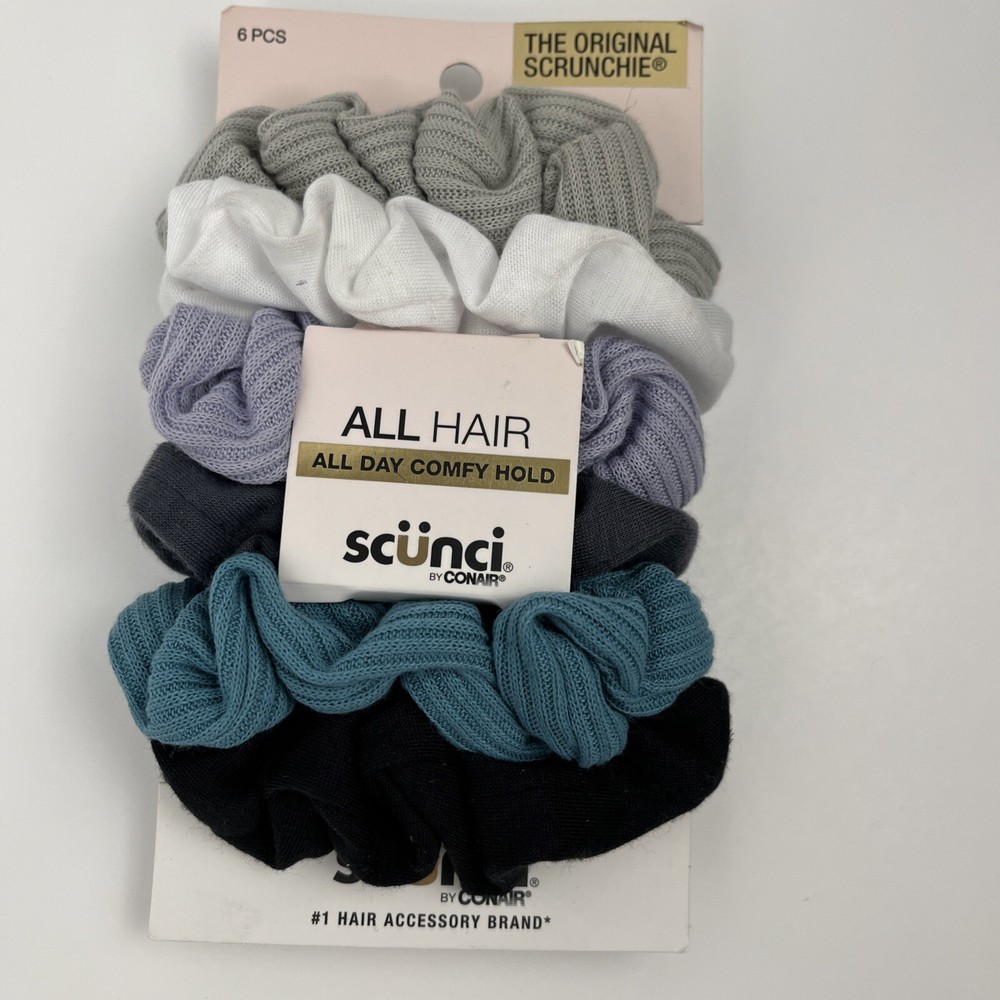 Scunci Hair Scrunchies White Black Gray Lavender Green 6 Pieces