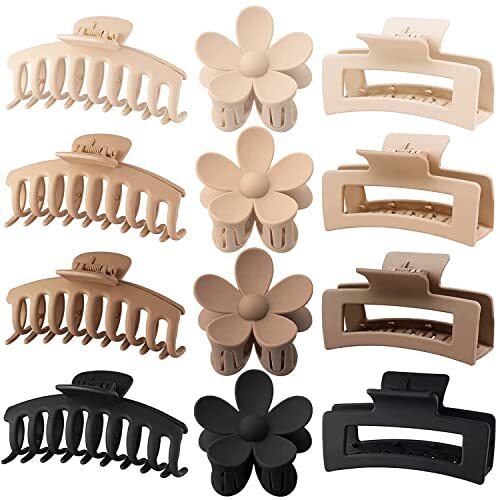 12 Pack Large Flower Hair Clips for Women – 4.3 Black, Coffee, Khaki, Beige