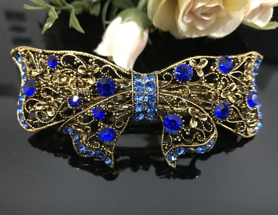 USA seller Antique Gold Tone Flower Rhinestone Blue Color Hair Clip Barrette ha2
