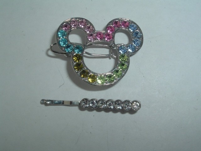 DISNEY MULTICOLOR RHINESTONE MINNIE MOUSE BARRETTE & WHITE RHINESTONE BOBBY PIN