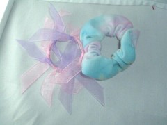 BLUE PINK ELASTIC SCRUNCHIE & PURPLE PINK RIBBON PONYTAIL HOLDER HAIR ACCESSORY