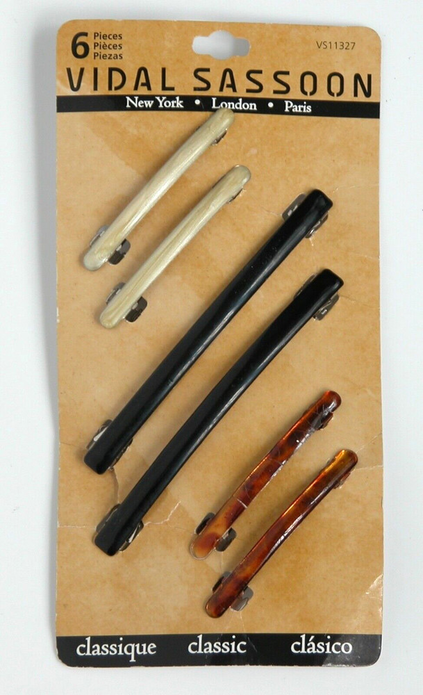 Vidal Sassoon Barrettes 4″ & 2″ French Bar Clips Black Ivory Tortoise 90s 6Pack