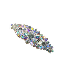 Hair Barrette Tension Clip Rhinestones Clear Silver Tone