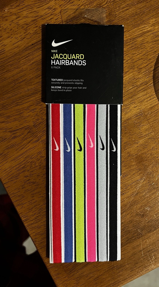 Nike Women Headband 6pk Jacquard Textured Non-Slip Multicolor Logo Striped