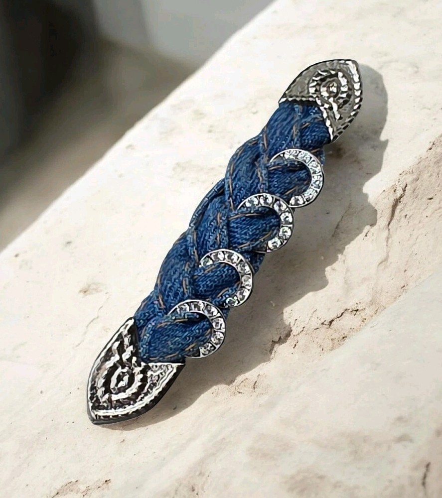 Vintage Delsol Made In France Blue Denim Rhinestone Barrette Hair Clip 3.5″