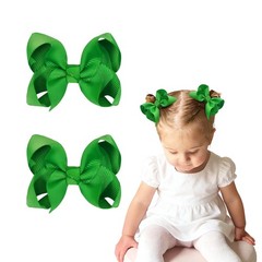 2 PCS Green 3 Inch Grosgrain Hair Bow For Little Girls Toddlers Accessories