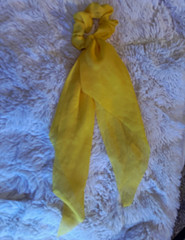 Yellow Solid Fabric Stretch Bow Scrunchie Hair Tie with Attached Scarf Tails