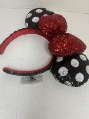 Disney Minnie Mouse Ears Headband Polka Dot Black/White Ears Red Sequin Bow