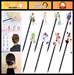 8 Vintage Asian Hair Sticks Pins – Traditional Hanfu Flower Wooden Chopsticks fo