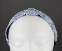 Light Blue denim turban knot headband fabric covered grip teeth paisley chambray