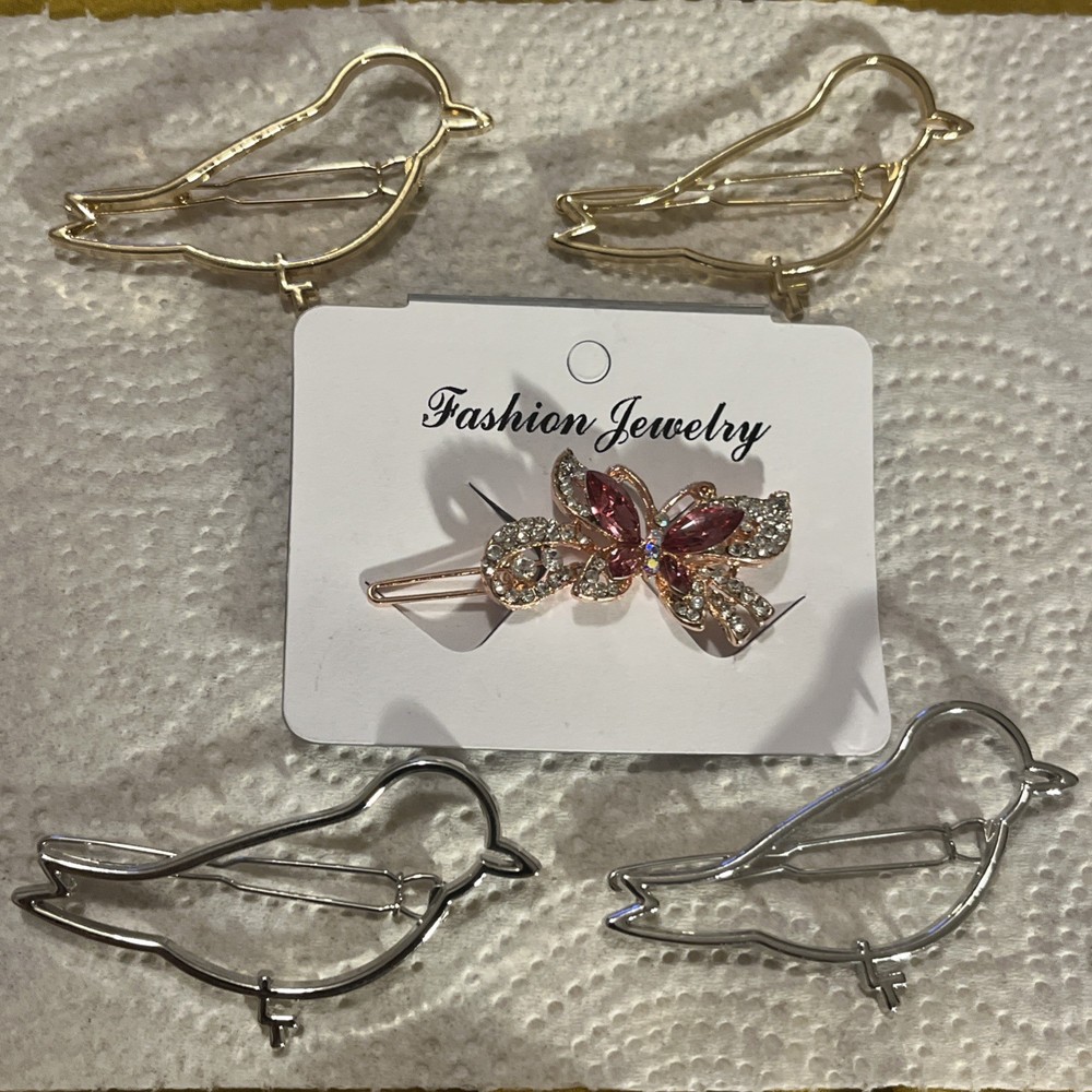 Vintage 5 Hair Clips Barrette Metal Rhinestones Gold/Silver Tone Birds Butterfly