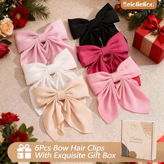 6Pcs Hair Bows for Women, Bow Hair Clips, Silky Satin Hair Bows for Girls, Pink