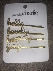 Charming Charlie gold tone hello lovely hooray positive bobby pin barrettes