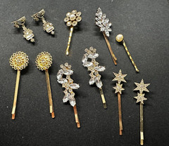 Hair Clips Pins Lot 11 elaborate Pearl Rhinestones Flower Star clip on earrings