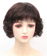 New Black/Brown 100% Human Hair Wavy Bob Full Wig for Women,Silk Top Whirl 10″