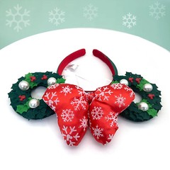 Disney` Parks Holiday Wreath Bow Red Green Mickey Mouse Ears Christmas Headband