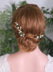 3 PCS Green Crystal Pearl Hair Pins Bridal Wedding Hair Piece Accessories