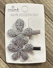 Flower Hair Clip Clamp Metal SIlver Crystal Rhinestone 2”