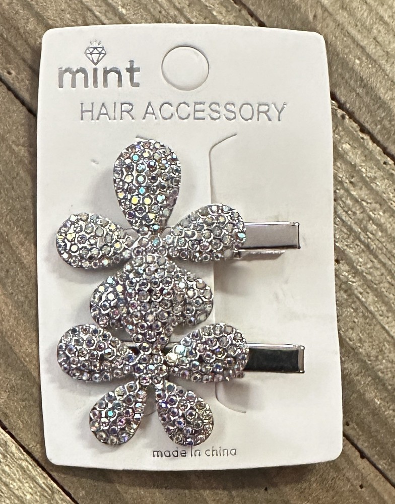 Flower Hair Clip Clamp Metal SIlver Crystal Rhinestone 2”