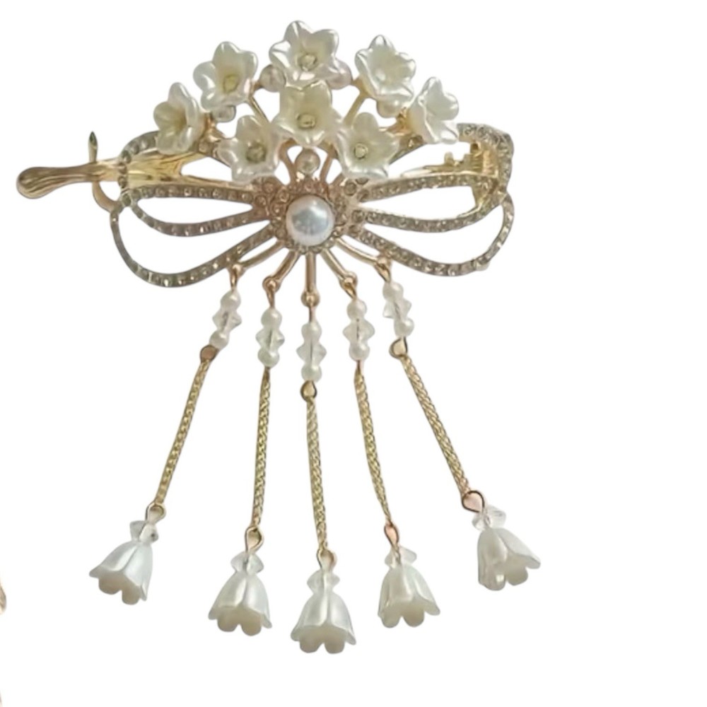 Elegant Alloy Hair Clip with Tassel and Bow Design, Single Piece Floral Hairpin