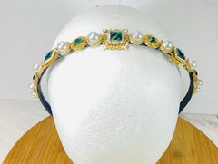 Single Row Gold, Pearl & Emerald Green Rhinestone Embellished Headband – NEW