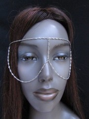 WOMEN SILVER METAL EXTRA LONG HEAD CHAIN FASHION JEWELRY FRONT GLASSES EYE COVER