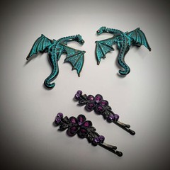 Whimsical/Magical Hair Clips/Barrettes Lot of 2 Sets Dragons/Floral Cottage Ren.