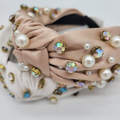 Set of 2 Embellished Top Knot Headbands Pearl Rhinestone Crystal Pink White