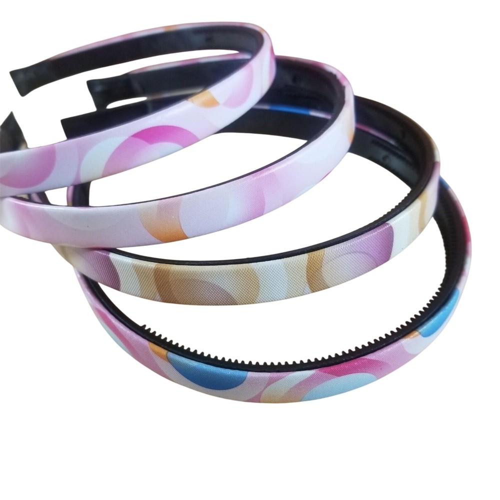 Girls Headbands Lot 4 Pcs 1/2″ Wide Hairbands Pink Brown Blue Circle Patterns