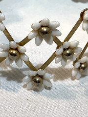 1940 VTG White Floral Accordion Style Brass & Celluloid Hair Ponytail Cuff
