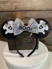 Disney Mickey & Minnie Mouse Ghost Ears Headband Silver Bow Halloween “Boo”