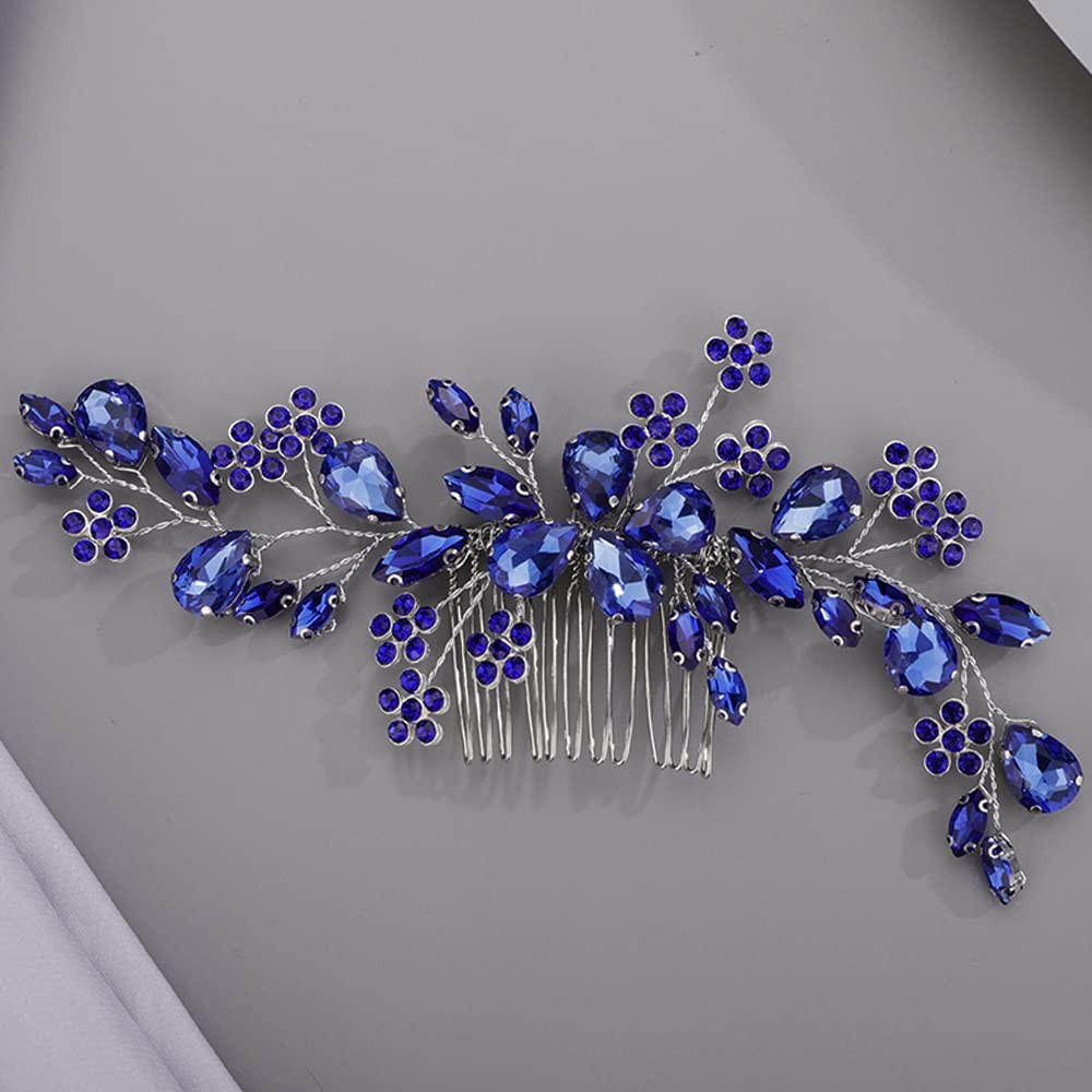 Blue Teardrop Flower Crystal Hair Comb Bride Wedding Hair Accessories