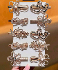Women’s Gold Metal Hair Clips Set Rhinestone Pearl Bow Heart Star Designs