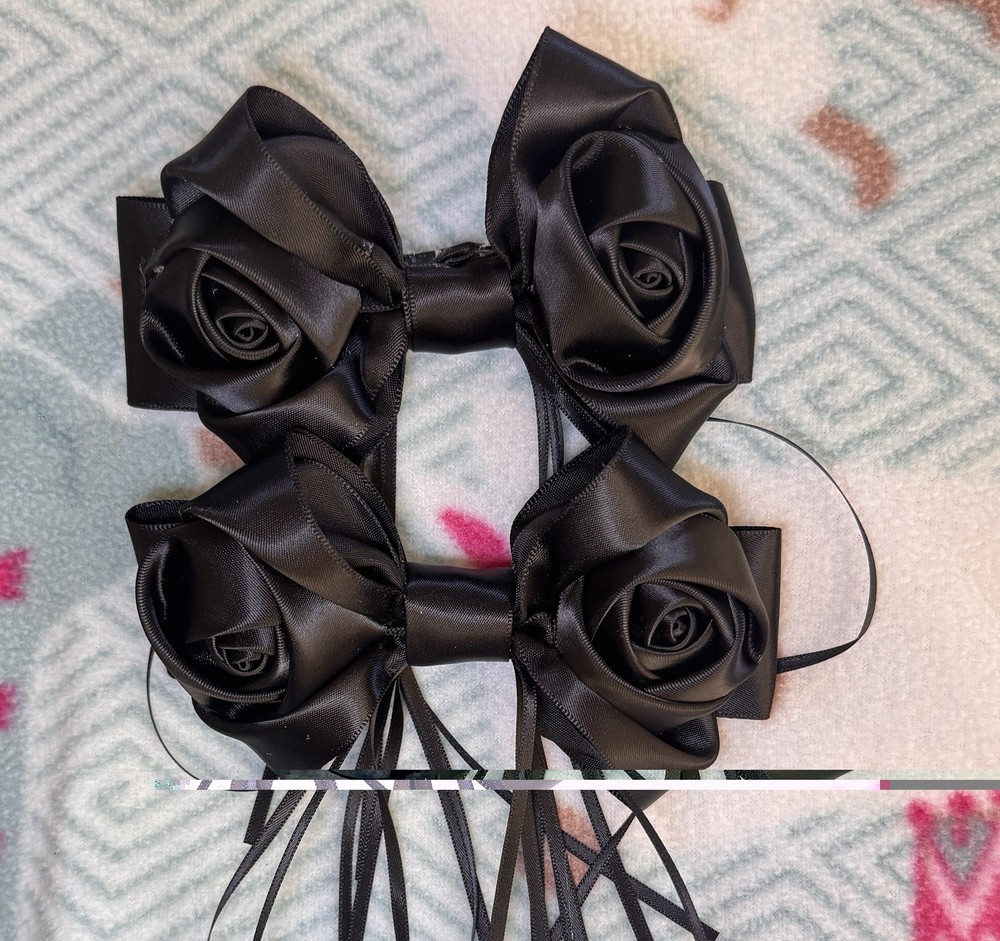 Set of 2 Black Satin Rose Bow Hair Barrettes with Ribbon Tails, Metal Clip
