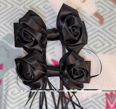Set of 2 Black Satin Rose Bow Hair Barrettes with Ribbon Tails, Metal Clip
