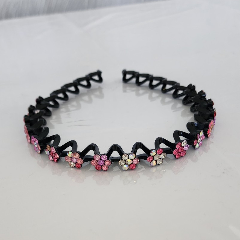 Black Plastic Headband w/ Pink Clear Rhinestone Flower Accents for Girls