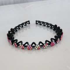 Black Plastic Headband w/ Pink Clear Rhinestone Flower Accents for Girls