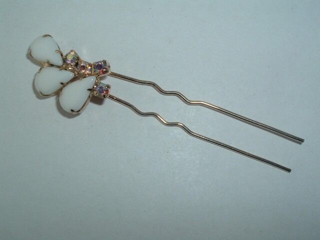 WHITE GLASS BEAD & RHINESTONE METAL HAIR STICK PIN UP DO HAIR ACCESSORY