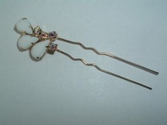 WHITE GLASS BEAD & RHINESTONE METAL HAIR STICK PIN UP DO HAIR ACCESSORY