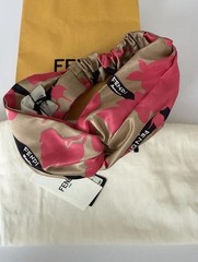 NEW Fendi Silk Headband Pink Dalia + Beige Scrunchie Twist Hair Band FXT400 Tags