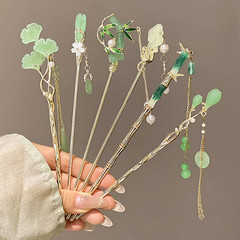 Temperament Bamboo Tassel Hair Sticks Gold Alloy Elegant Flower Hairpins for Wom