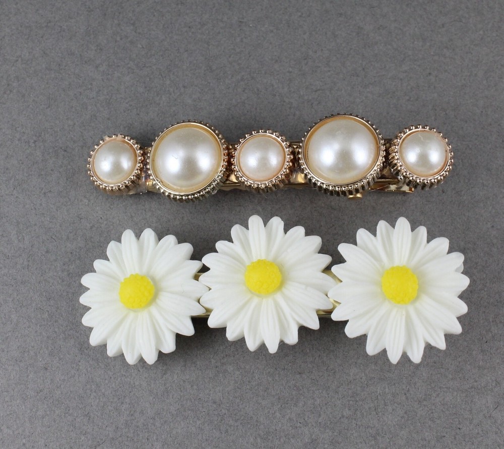 daisy flower faux pearl 2.5″ wide barrette alligator hair clip set of 2