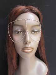 WOMEN SILVER METAL EXTRA LONG HEAD CHAIN FASHION JEWELRY FRONT GLASSES EYE COVER